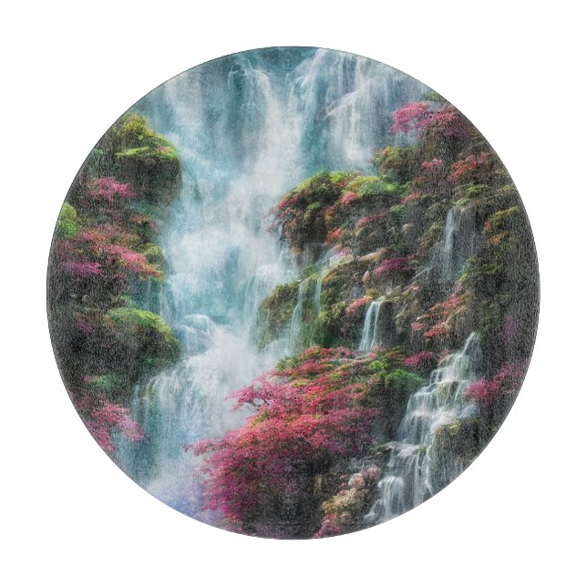Spring Waterfall Mountain Pink Flowers 11 Cutting Board (Front)