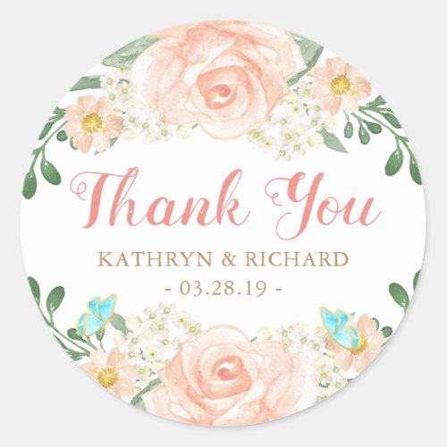 Spring Wedding Favor Blush Peach Flowers Thank You Classic Round Sticker