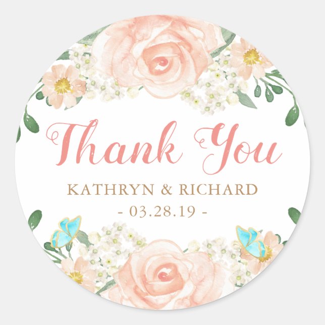 Spring Wedding Favor Blush Peach Flowers Thank You Classic Round Sticker (Front)