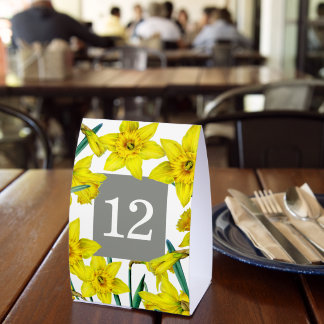 Spring wedding gray yellow daffodil floral art paper table tent