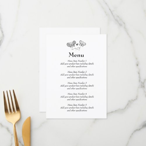 Spring wedding menu with elegant butterfly logo