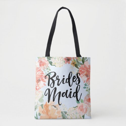Spring Wedding Peach Watercolor Floral Bridesmaid Tote Bag
