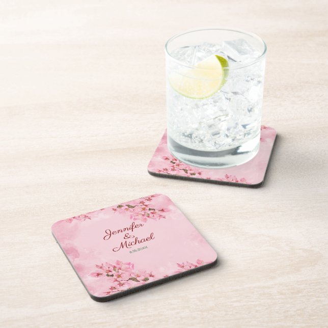 Spring Wedding Pink Cherry Blossoms Beverage Coaster (Right Side)