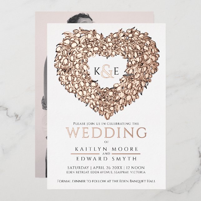 Spring wedding tulips drawing rose gold black foil invitation (Front/Back)