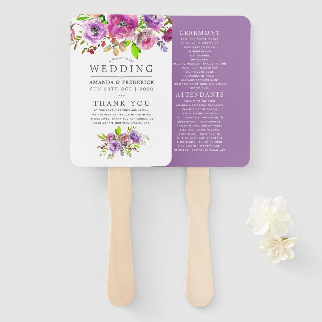 Spring Wedding Watercolor Floral Program Hand Fan (Front and Back)