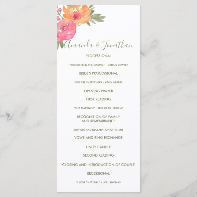 Spring Wedding watercolor flowers Wedding Program (Front)