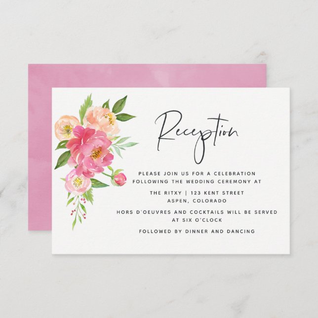 Spring Wedding Watercolor Peonies Reception Invitation (Front/Back)