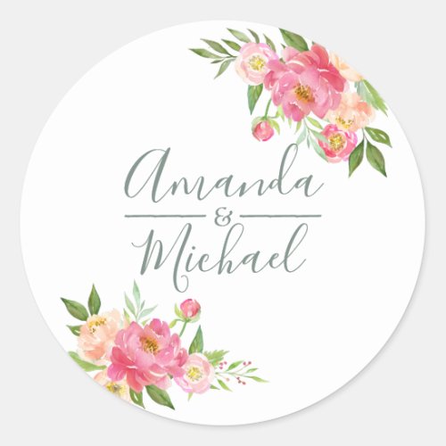 Spring Wedding watercolor Peony flowers Classic Round Sticker
