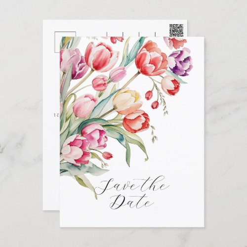 Spring wedding watercolor tulips save the date postcard