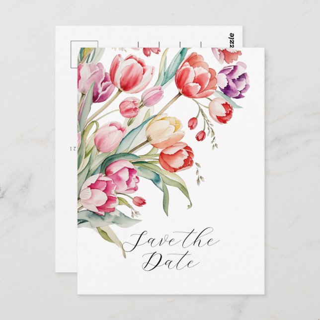 Spring wedding watercolor tulips save the date postcard (Front/Back)