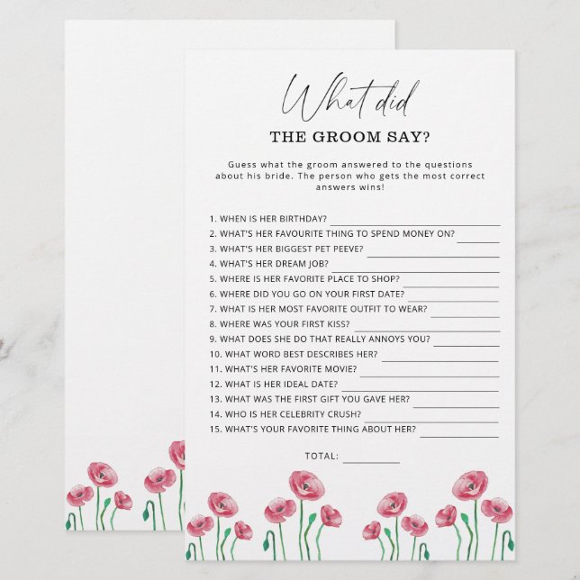 Spring What did the groom say bridal game (Front/Back)