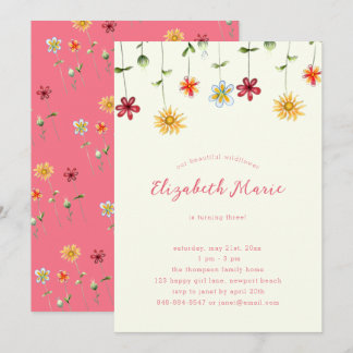 Spring Whimsical Wildflower Hot Pink Girl Birthday Invitation
