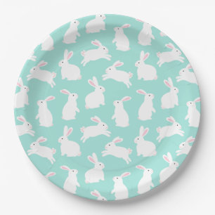 Spring White Bunnies Pattern Paper Plates