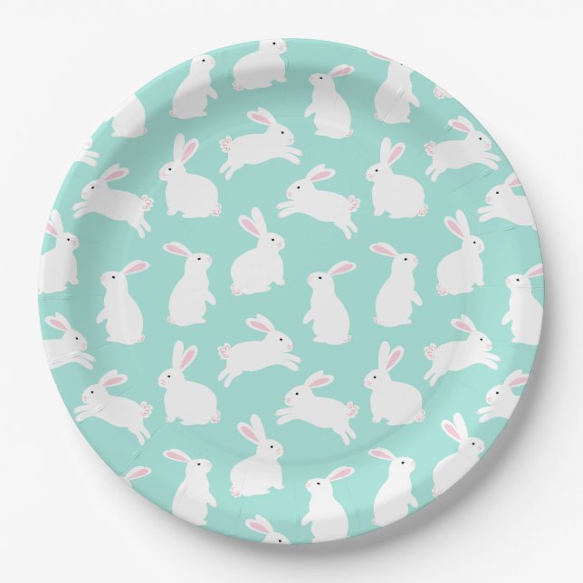 Spring White Bunnies Pattern  Paper Plates (Front)