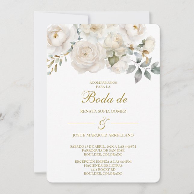 Spring white flower Wedding Invitation in Spanish (Front)
