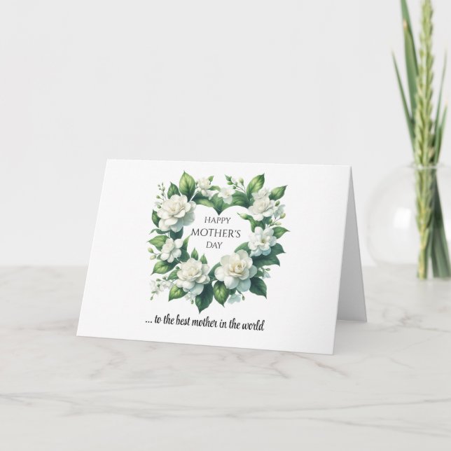 Spring white gardenia heart Happy Mother's Day Card (Front)