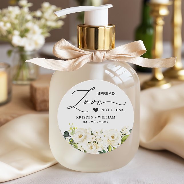 Spring White Rose Floral Sanitizer Wedding Favor Classic Round Sticker (Creator Uploaded)