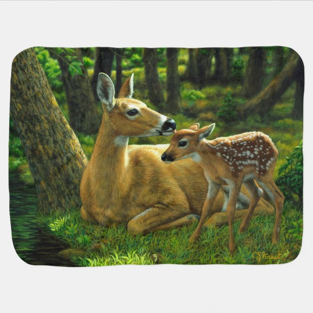 Spring Whitetail Fawn and Mother Deer Baby Blanket (Horizontal)