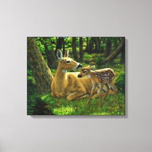 Spring Whitetail Fawn and Mother Deer Canvas Print