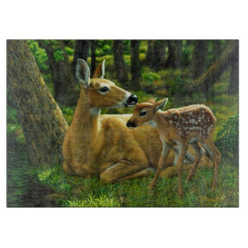 Spring Whitetail Fawn and Mother Deer Cutting Board
