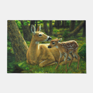 Spring Whitetail Fawn and Mother Deer Doormat