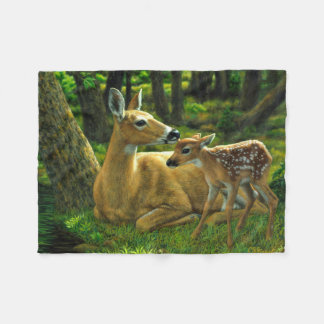 Spring Whitetail Fawn and Mother Deer Fleece Blanket