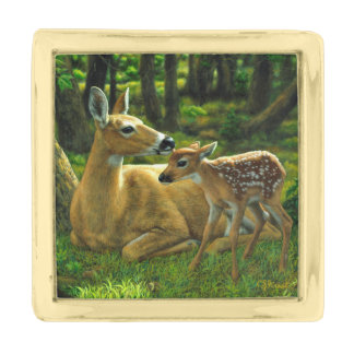 Spring Whitetail Fawn and Mother Deer Gold Finish Lapel Pin