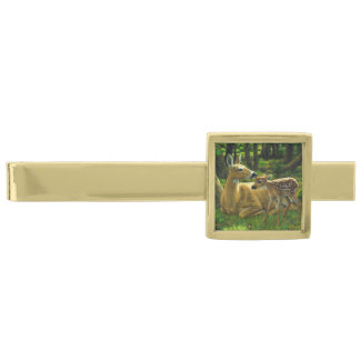 Spring Whitetail Fawn and Mother Deer Gold Finish Tie Clip