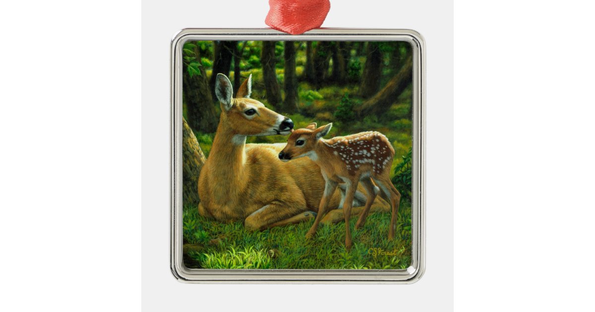 Spring Whitetail Fawn and Mother Deer Metal Ornament Zazzle