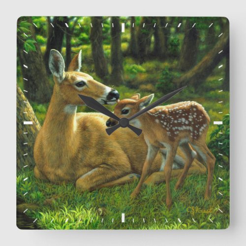Spring Whitetail Fawn and Mother Deer Square Wall Clock