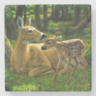 Spring Whitetail Fawn and Mother Deer Stone Coaster