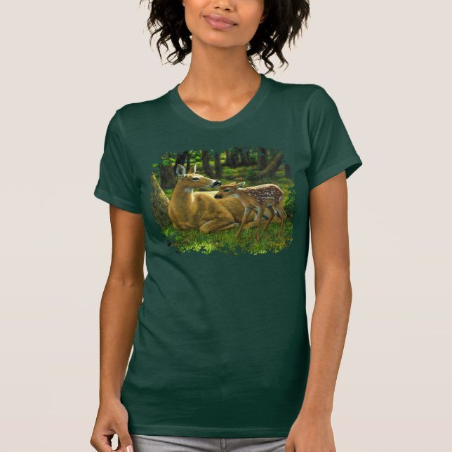 Spring Whitetail Fawn and Mother Deer T-Shirt (Front)
