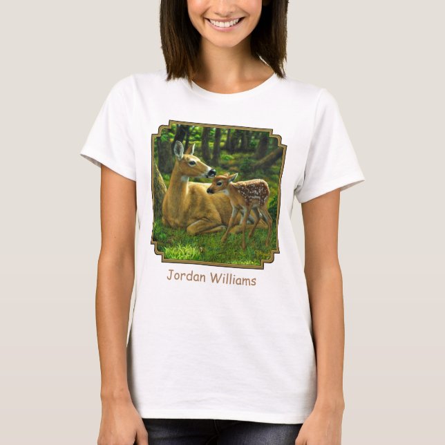 Spring Whitetail Fawn and Mother Deer T-Shirt (Front)
