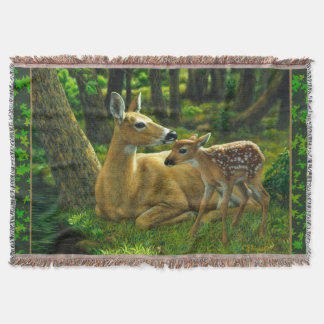 Spring Whitetail Fawn and Mother Deer Throw Blanket