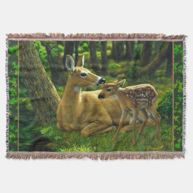 Spring Whitetail Fawn and Mother Deer Throw Blanket (Front)