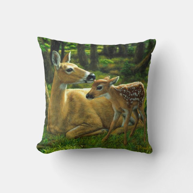 Spring Whitetail Fawn and Mother Deer Throw Pillow (Front)