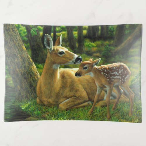 Spring Whitetail Fawn and Mother Deer Trinket Tray