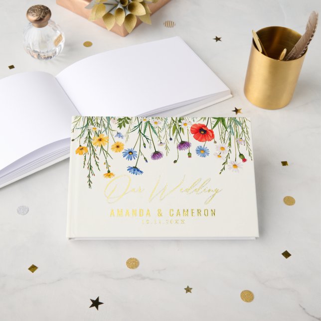 Spring Wild Flower Meadow Wedding  Foil Guest Book (Front Open)