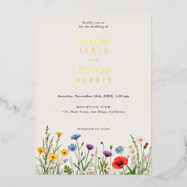 Spring Wild Flower Meadow Wedding  Foil Invitation (Front)