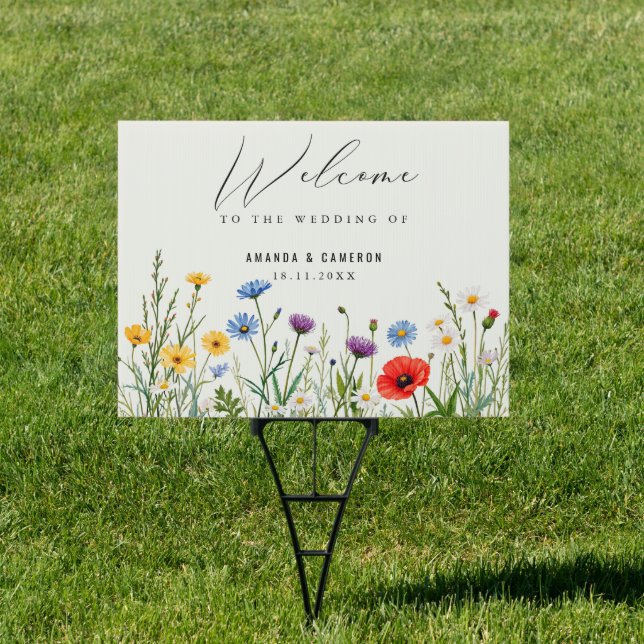 Spring Wild Flower Meadow Wedding Welcome Yard Sign (Insitu)