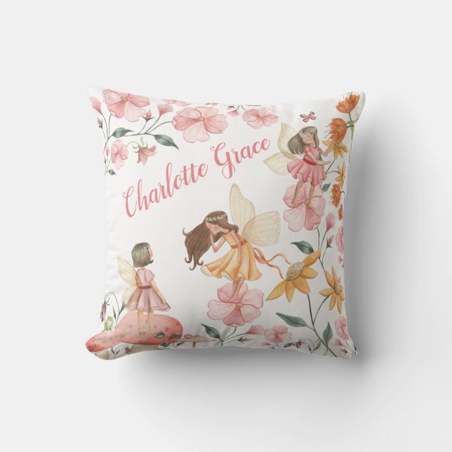 Spring Wild Flower Woodland Fairies Girl Nursery Throw Pillow (Front)