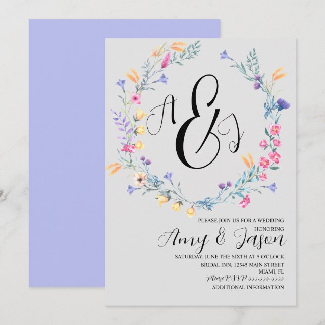 Spring Wild Flower Wreath Pastel Purple Gray Invitation (Front/Back)