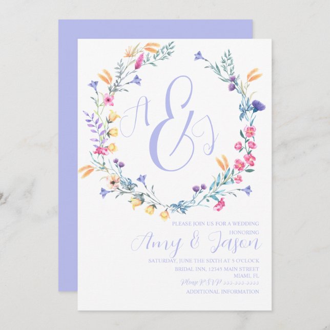 Spring Wild Flower Wreath Pastel Purple Wedding  Invitation (Front/Back)