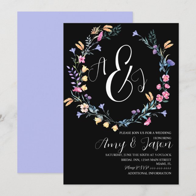 Spring Wild Flower Wreath Purple Black Wedding Invitation (Front/Back)