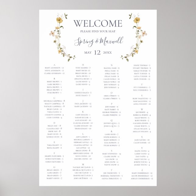 Spring Wildflower | Alphabetical Seating Chart (Front)