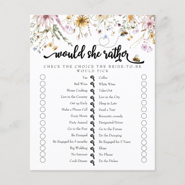Spring Wildflower | Bee | Bridal Shower Game (Front)