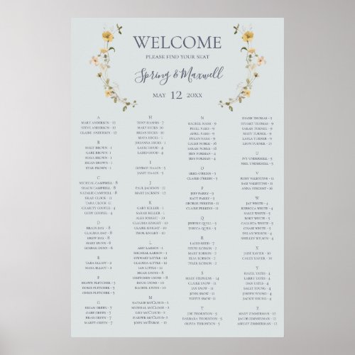 Spring Wildflower Blue Alphabetical Seating Chart