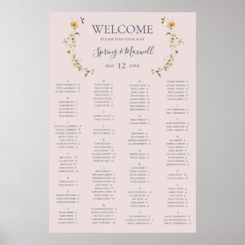 Spring Wildflower Blush Alphabetical Seating Chart