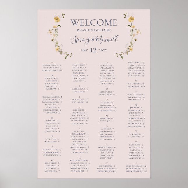 Spring Wildflower Blush Alphabetical Seating Chart (Front)