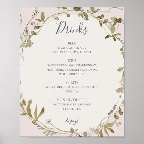 Spring Wildflower  Blush Wedding Drinks Menu Post Poster